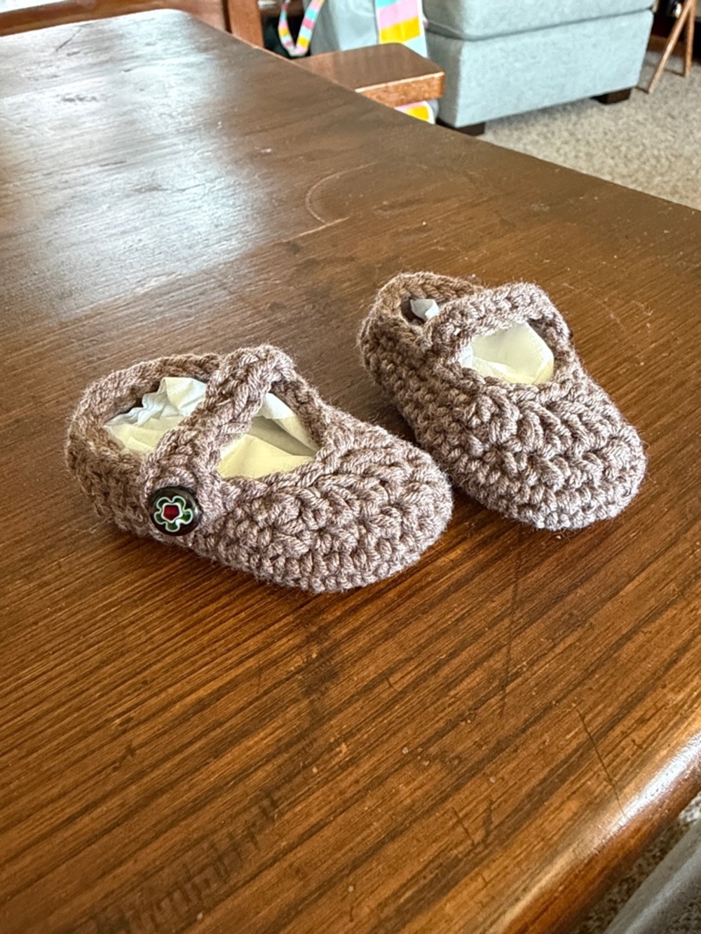 Hand-Crocheted Baby Mary Jane Shoes - Brown